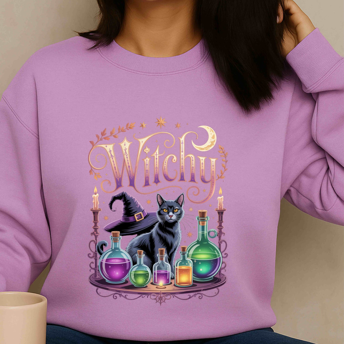 Witchy Cat Long Sleeve Tee, Halloween Shirt, Gift for Cat Lovers, Spooky Fashion, Cozy Unisex Top