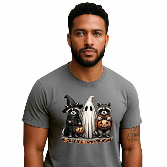 Halloween Themed Unisex Tee, Trick Treat and Trouble T-Shirt, Spooky Cotton Shirt, Fall Festival Top, Fun Halloween Gift