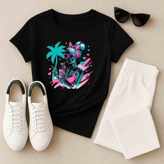 Vibrant Skeleton Beach Vibes T-Shirt, Summer Casual Tee, Tropical Holiday Shirt, Unisex Graphic Tee, Vacation Outfit