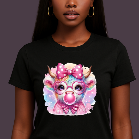 Rainbow Highland Cow T-Shirt - Colorful and Whimsical Tee with Bubblegum Chewing Gum Design