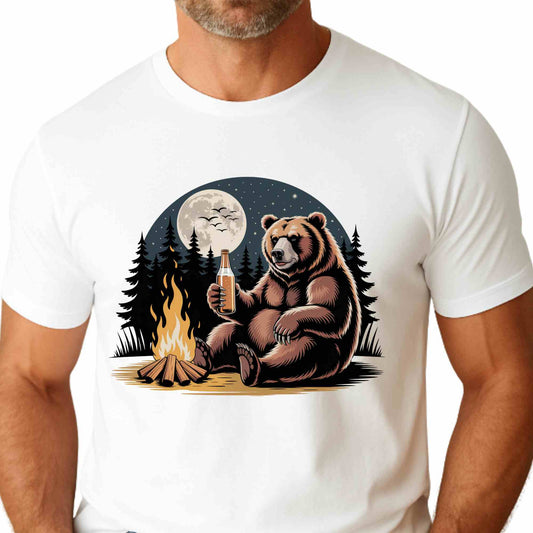Cozy Bear Campfire Tee, Outdoor Adventure Shirt, Nature Lovers Gift, Camping Apparel, Wilderness T-shirt, Moonlit Design