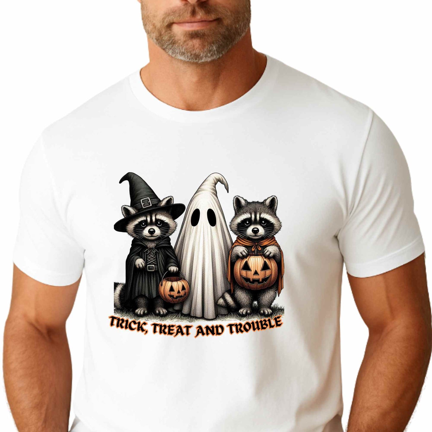 Halloween Themed Unisex Tee, Trick Treat and Trouble T-Shirt, Spooky Cotton Shirt, Fall Festival Top, Fun Halloween Gift