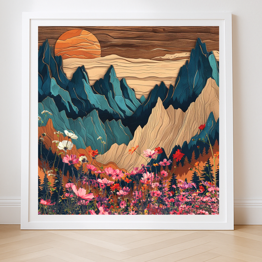 Framed Mountain Landscape Canvas Art, Colorful Home Decor, Nature Wall Decoration, Gift for Nature Lovers, Floral Artwork