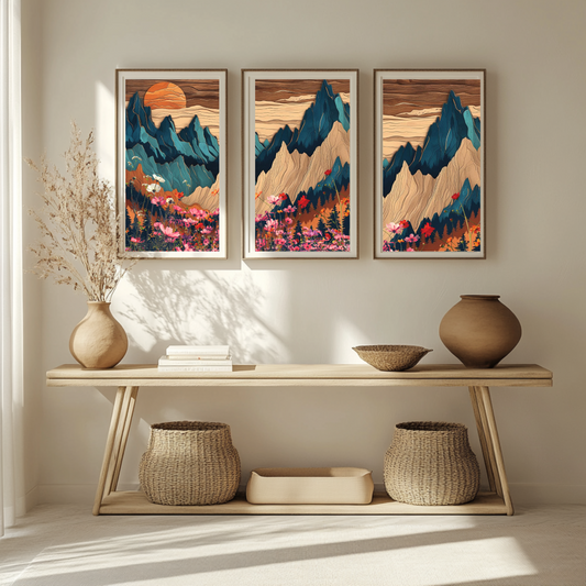 Framed Mountain Landscape Canvas Art, Colorful Home Decor, Nature Wall Decoration, Gift for Nature Lovers, Floral Artwork