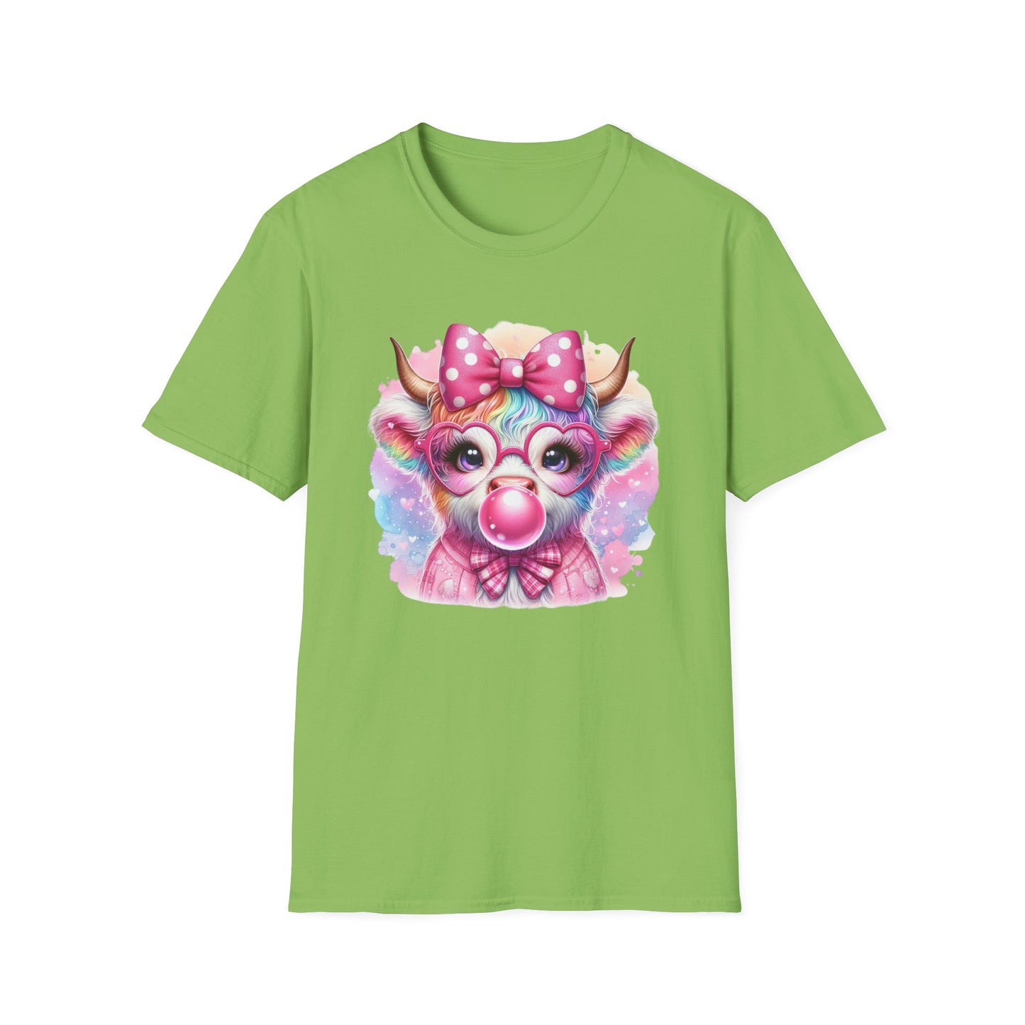 Rainbow Highland Cow T-Shirt - Colorful and Whimsical Tee with Bubblegum Chewing Gum Design