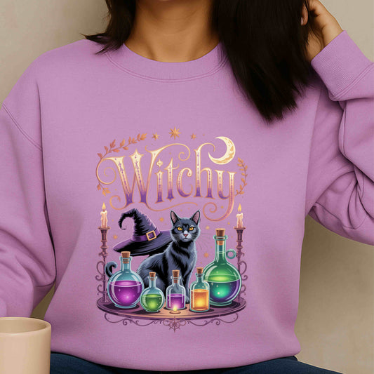 Witchy Cat Long Sleeve Tee, Halloween Shirt, Gift for Cat Lovers, Spooky Fashion, Cozy Unisex Top
