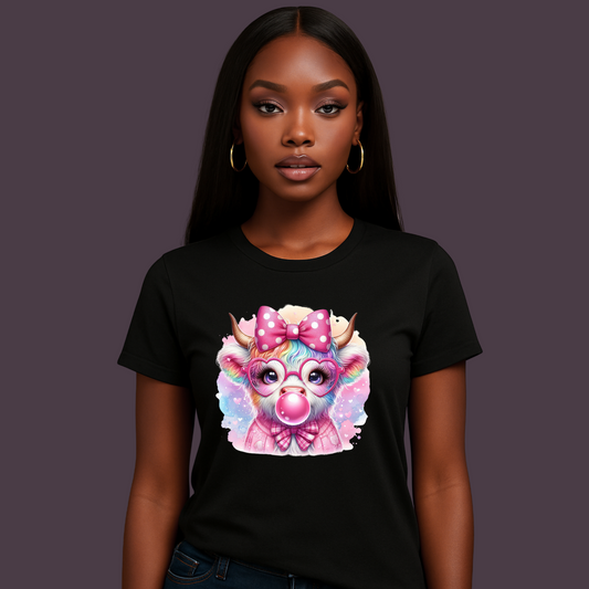 Rainbow Highland Cow T-Shirt - Colorful and Whimsical Tee with Bubblegum Chewing Gum Design