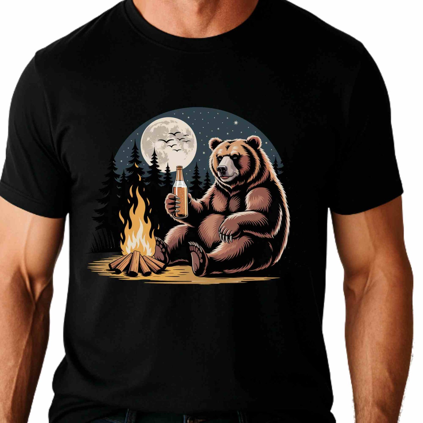 Cozy Bear Campfire Tee, Outdoor Adventure Shirt, Nature Lovers Gift, Camping Apparel, Wilderness T-shirt, Moonlit Design