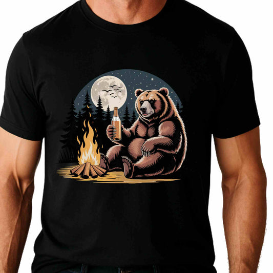 Cozy Bear Campfire Tee, Outdoor Adventure Shirt, Nature Lovers Gift, Camping Apparel, Wilderness T-shirt, Moonlit Design