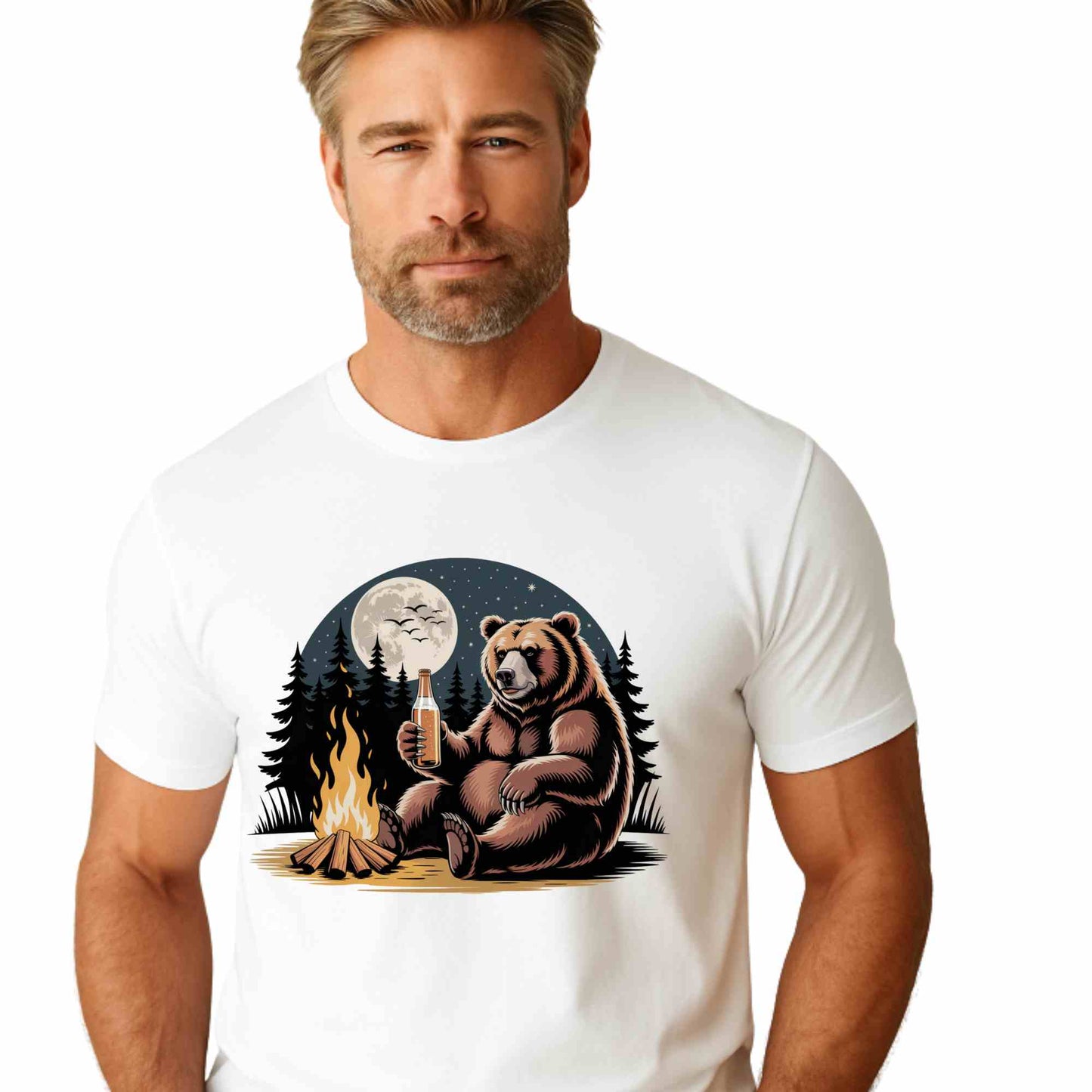 Cozy Bear Campfire Tee, Outdoor Adventure Shirt, Nature Lovers Gift, Camping Apparel, Wilderness T-shirt, Moonlit Design