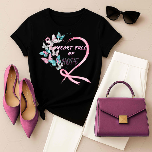 Heart Full of Hope Tee, Inspirational T-Shirt, Gift for Cancer Awareness, Unisex Cotton Top, Butterfly Design, Hopeful Message