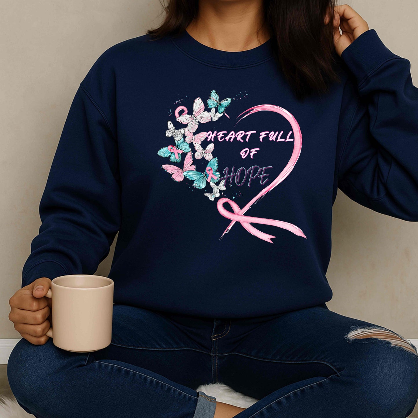 Heart Full of Hope Tee, Inspirational T-Shirt, Gift for Cancer Awareness, Unisex Cotton Top, Butterfly Design, Hopeful Message